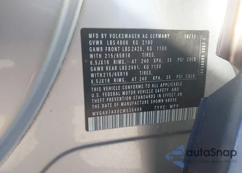 2012 Volkswagen Tiguan S из США, поврежденный, VIN WVGAV7AX6CW535406